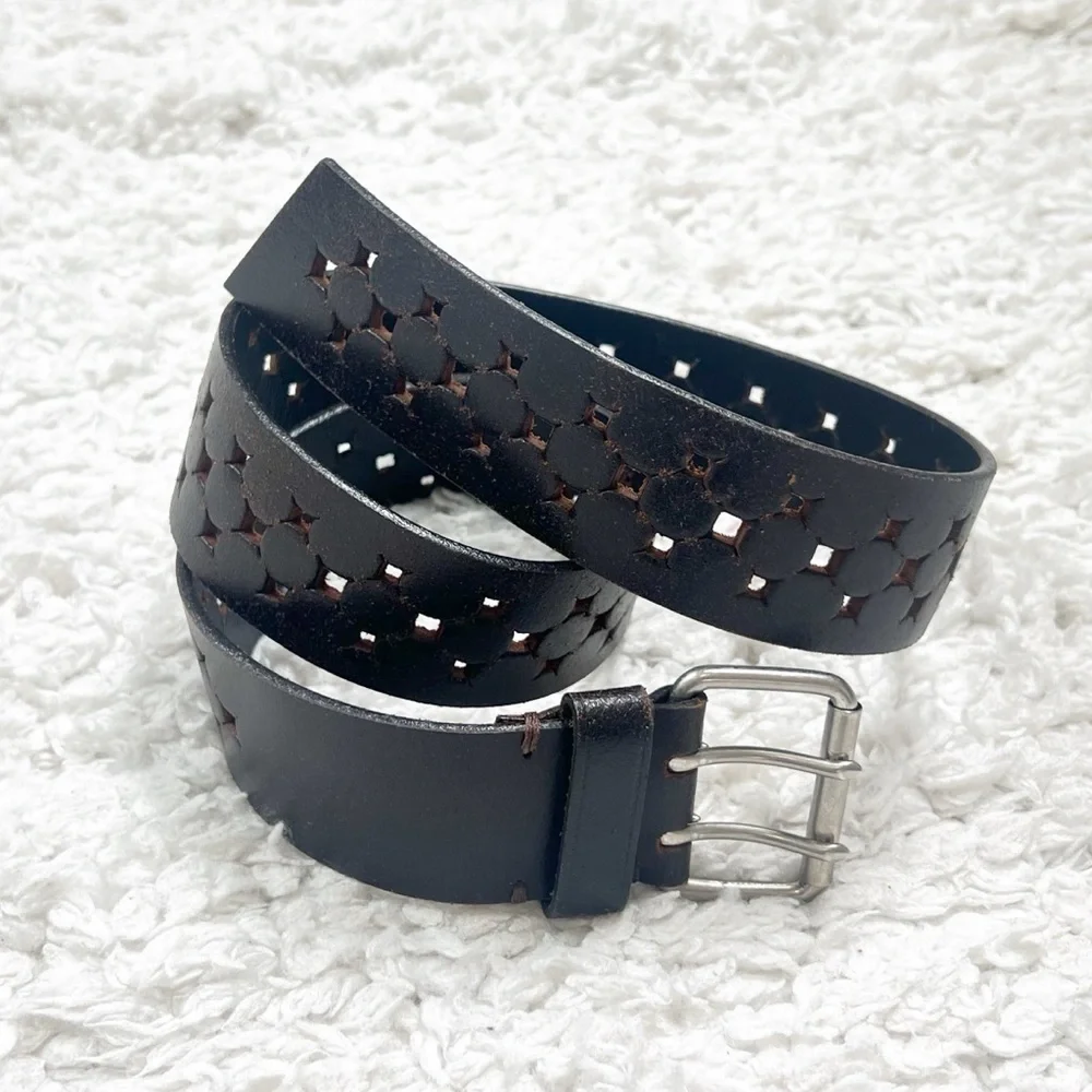 Express Vintage Perforated Brown Leather Belt Silver Buckle Medium Adjustable